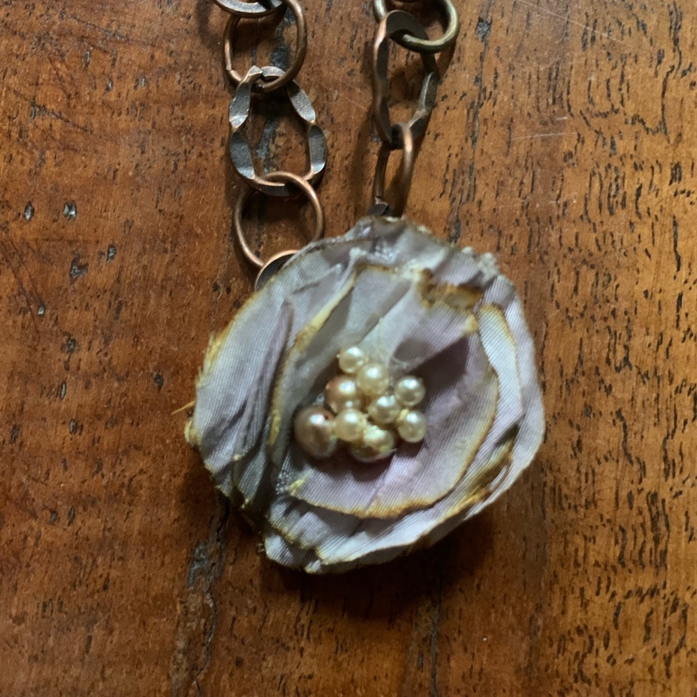 Copper Necklace with Silk Flower Pendant